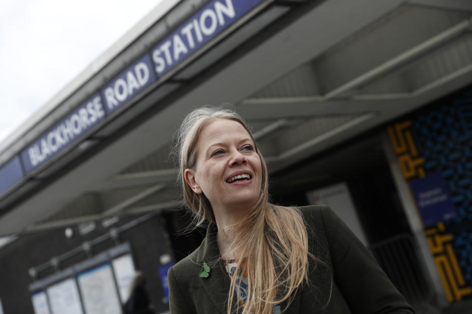 The Green Party candidate for London mayor Sian Berry speaks to the media in north east London, Thursday, April 29, 2021, during a campaign stop for the election. Brexit and the coronavirus pandemic have hit London in a perfect storm. On May 6, Londoners will elect a mayor, whose performance will help determine whether this is the start of a period of decline for Europe's biggest city — or a chance to do things better. (AP Photo/Alastair Grant)