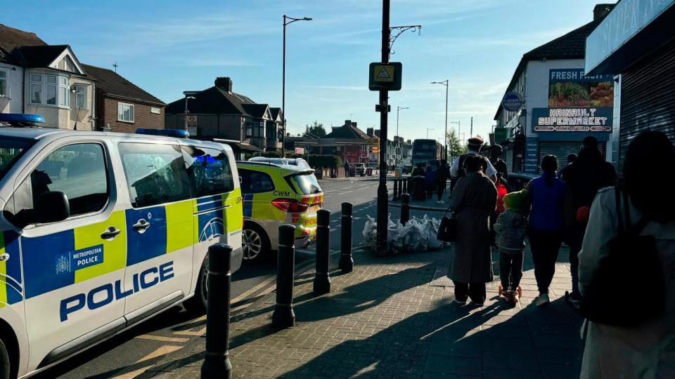 PHOTO: The area in London where police say a man wielding a sword attacked members of the public and two police officers on Tuesday, April 30, 2024, in the east London community of Hainault before being arrested. (Peter Kingdom/AP)
