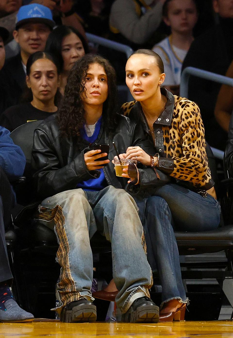 070 Shake and Lily-Rose Depp attend a game between the Minnesota Timberwolves and the Los Angeles Lakers at Crypto.com Arena on March 10, 2024 in Los Angeles, California.