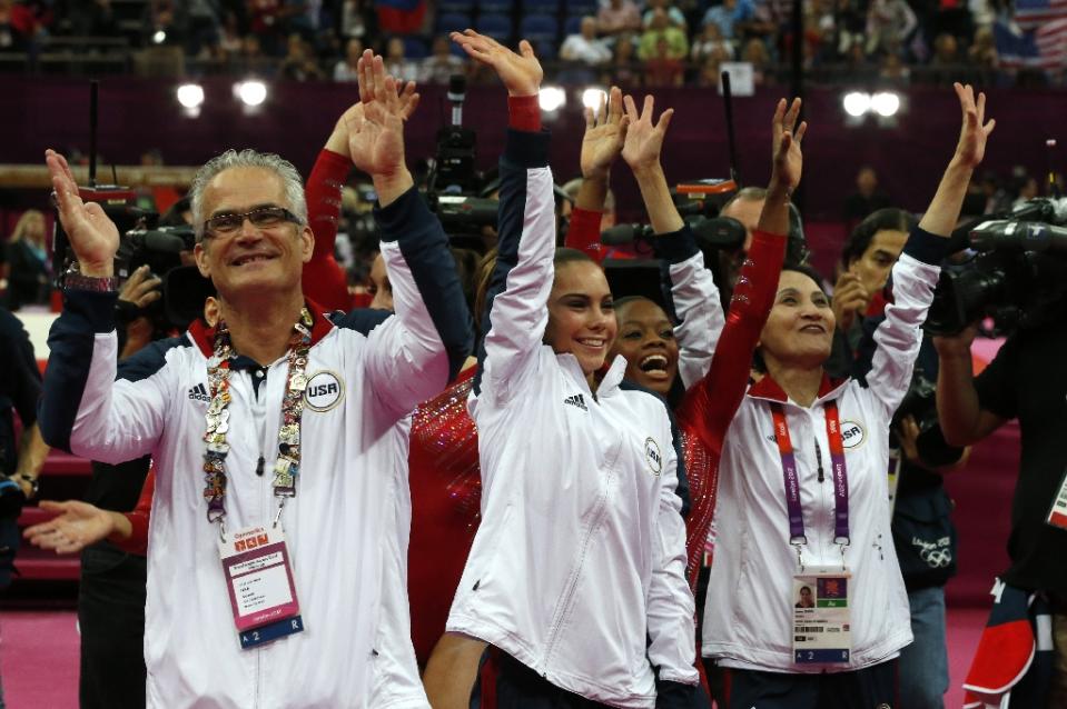 John Geddert, left, coached the gold-medal winning 2012 USA Gymnastics women’s team in London. (AFP)