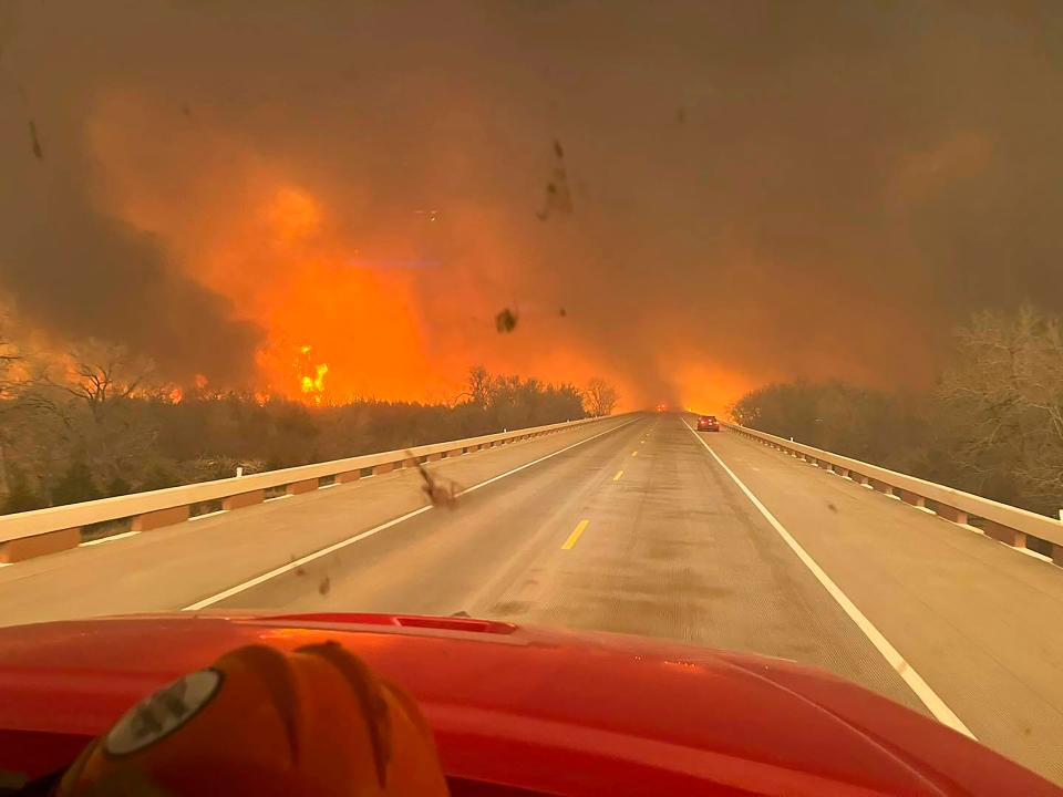 This image taken from Greenville Fire-Rescue's facebook page on Wednesday, Feb. 28, 2024 shows fires in the Texas Panhandle. A fast-moving wildfire burning through the Texas Panhandle grew into the second-largest blaze in state history, forcing evacuations and triggering power outages as firefighters struggled to contain the widening flames. (Greenville Fire-Rescue via AP)