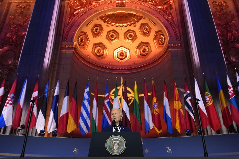 President Joe Biden delivers remarks on the 75th anniversary of NATO at the Andrew W. Mellon Auditorium, Tuesday, July 9, 2024, in Washington. (AP Photo/Evan Vucci)