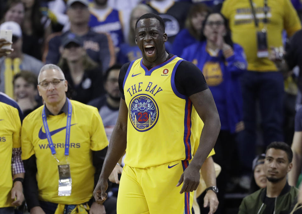 Golden State Warriors’ Draymond Green reacts after being called for a foul against the Oklahoma City Thunder during the second half of an NBA basketball game Saturday, Feb. 24, 2018, in Oakland, Calif. (AP Photo/Marcio Jose Sanchez)