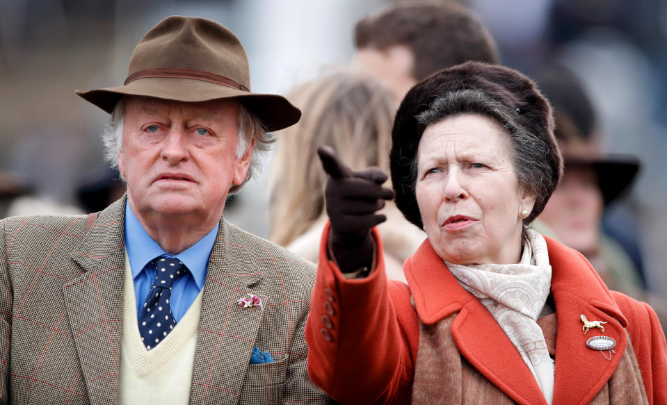 CHELTENHAM, UNITED KINGDOM - MARCH 10: (EMBARGOED FOR PUBLICATION IN UK NEWSPAPERS UNTIL 24 HOURS AFTER CREATE DATE AND TIME) Andrew Parker-Bowles and Princess Anne, Princess Royal attend day 1 'Champion Day' of the Cheltenham Festival 2020 at Cheltenham Racecourse on March 10, 2020 in Cheltenham, England. (Photo by Max Mumby/Indigo/Getty Images)