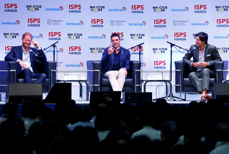 Britain's Prince Harry, Duke of Sussex, former New Zealand's rugby player Dan Carter and Argentine polo player Nacho Figueras participate in a summit on the power of sport, community and philanthropy at the ISPS Sports Values Summit-Special Edition in Tokyo, Japan, August 9, 2023. REUTERS/Kim Kyung-Hoon