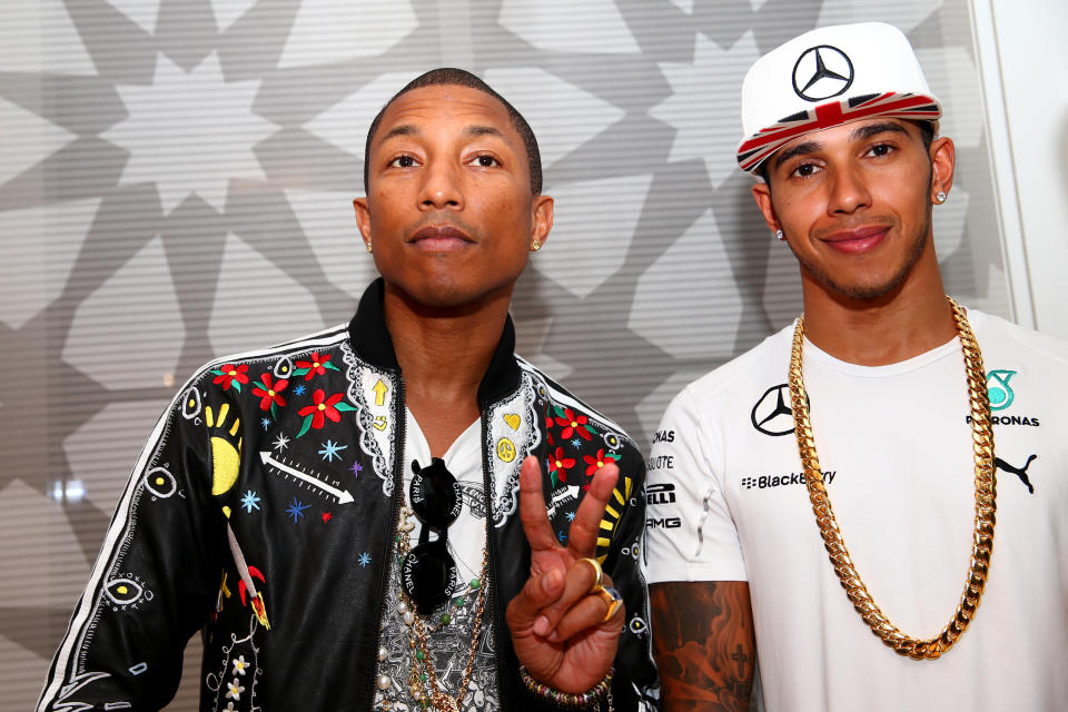 Pharrell Williams is Lewis Hamilton’s biggest fashion role model on April 13. (Photo: Getty Images)