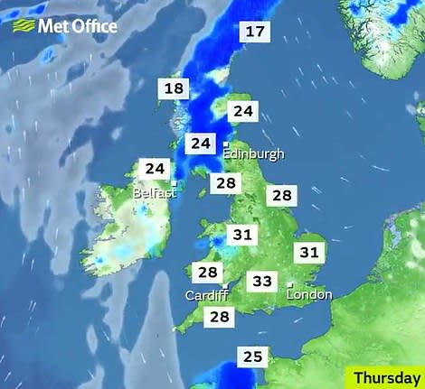 The mercury is predicted to rise to 33 degrees Celcius - 91 degrees Farenheit - on Thursday in some parts of England (Met Office)