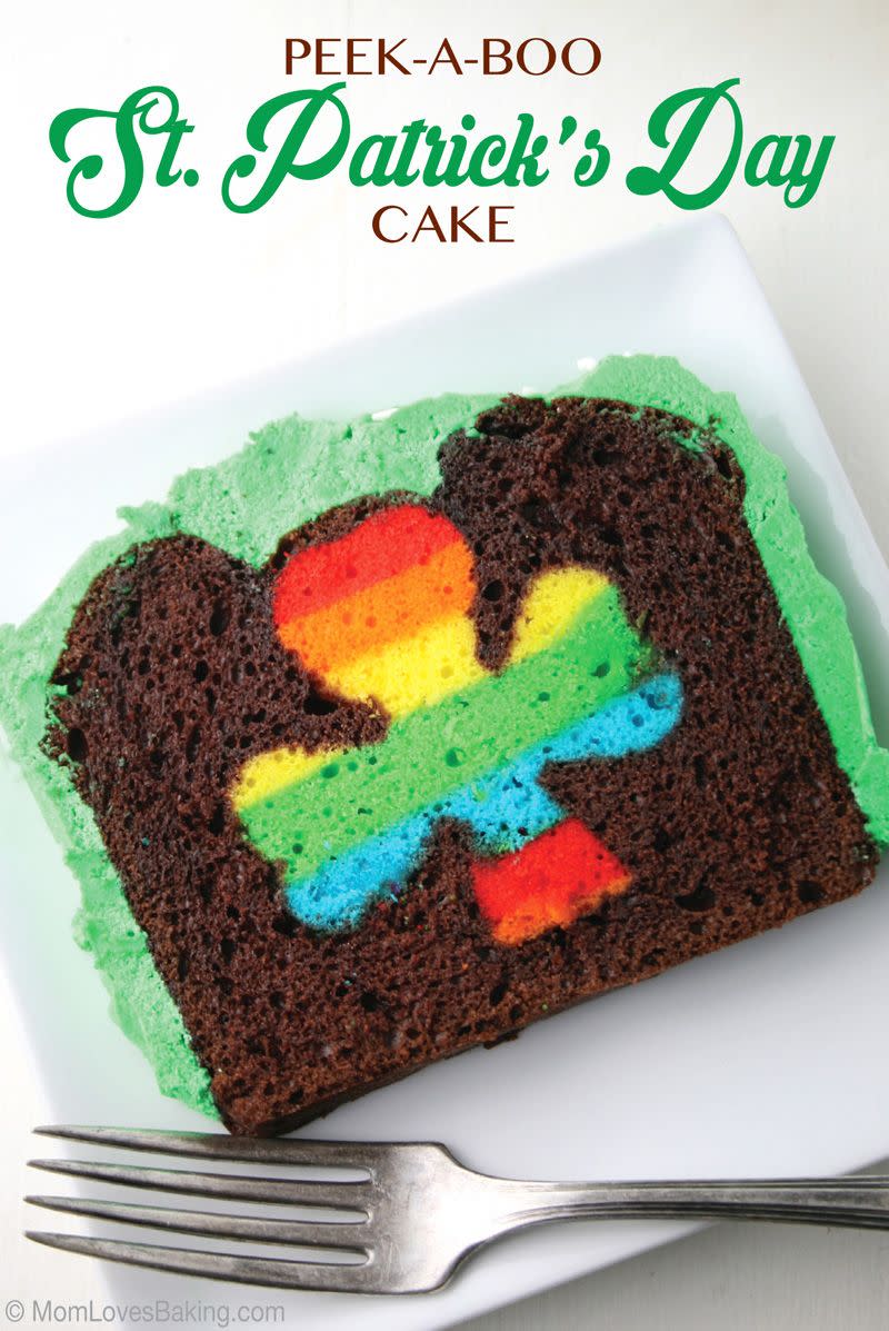 <p>Treat your party guests to a sweet surprise when you slice open this chocolate cake. </p><p>Get the <strong><a href="https://www.momlovesbaking.com/peek-a-boo-st-patricks-day-cake/" rel="nofollow noopener" target="_blank" data-ylk="slk:Peek-a-Boo St. Patrick's Cake recipe;elm:context_link;itc:0;sec:content-canvas" class="link ">Peek-a-Boo St. Patrick's Cake recipe</a> </strong>from Mom Loves Baking.  </p>