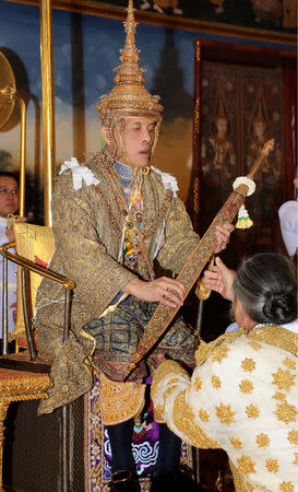 Thailand's King Maha Vajiralongkorn receives the Sword of Victory during the coronation inside the Grand Palace in Bangkok, Thailand, May 4, 2019. The Committee on Public Relations of the Coronation of King Rama X/Handout via REUTERS