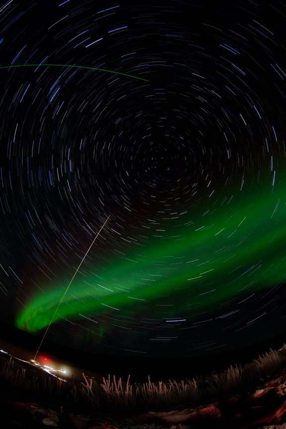 A test rocket takes off from the Poker Flat Research Range in Alaska. The test helped scientists prepare to launch five rockets carrying science payloads to study the auroras.