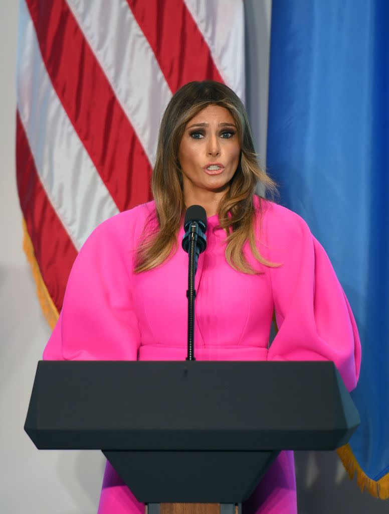 <p>The First Lady <a href="http://people.com/politics/melania-trump-dress-twitter-criticism/" rel="nofollow noopener" target="_blank" data-ylk="slk:was criticized;elm:context_link;itc:0;sec:content-canvas" class="link ">was criticized</a> for wearing a $3,000 hot pink Delpozo dress while declaring that "no child should ever feel hungry."</p>