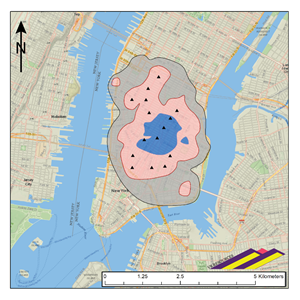 The large scale of the Hecla-Kilmer carbonatite complex is conveyed by superposition on the island of Manhattan in New York city, USA.  Show in small black dots is the array of potential drill hole locations identified on the Company’s drill permit with MENDM, Ontario.  Shaded areas within the outline of the H-K complex are from the independent, 3-D inversion model of magnetic data covering the H-K complex completed by Condor Consulting Ltd., August, 2020.