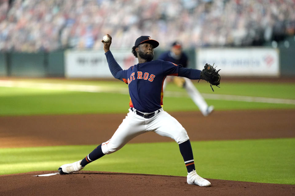 Houston Astros starting pitcher Cristian Javier throws against the Seattle Mariners during the first inning of a baseball game Saturday, Aug. 15, 2020, in Houston. (AP Photo/David J. Phillip)