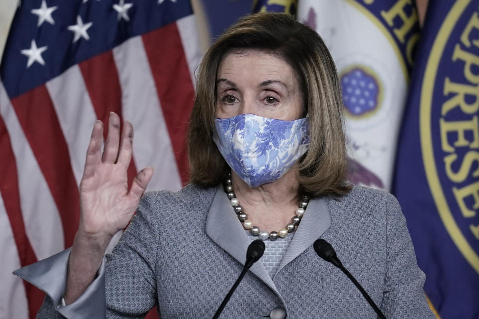 Speaker of the House Nancy Pelosi, D-Calif., holds a news conference at the Capitol in Washington, Thursday, Oct. 29, 2020. (AP Photo/J. Scott Applewhite)