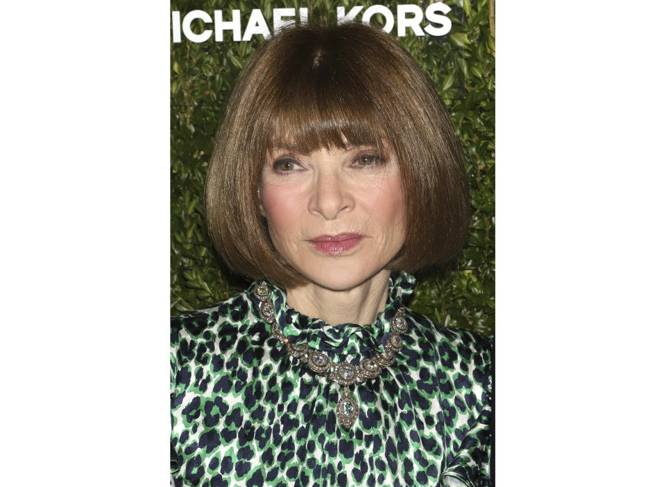 FILE - This Oct. 21, 2019 file photo shows Anna Wintour at the God's Love We Deliver Golden Heart Awards in New York. Wintour has apologized for what she described as mistakes made in her 32-year tenure in not doing enough to elevate black voices on her staff. The fashion doyenne's mea culpa in an internal email also covered the magazine's publishing of images and stories that she said were racially and culturally “hurtful or intolerant.” (Photo by Greg Allen/Invision/AP, File)