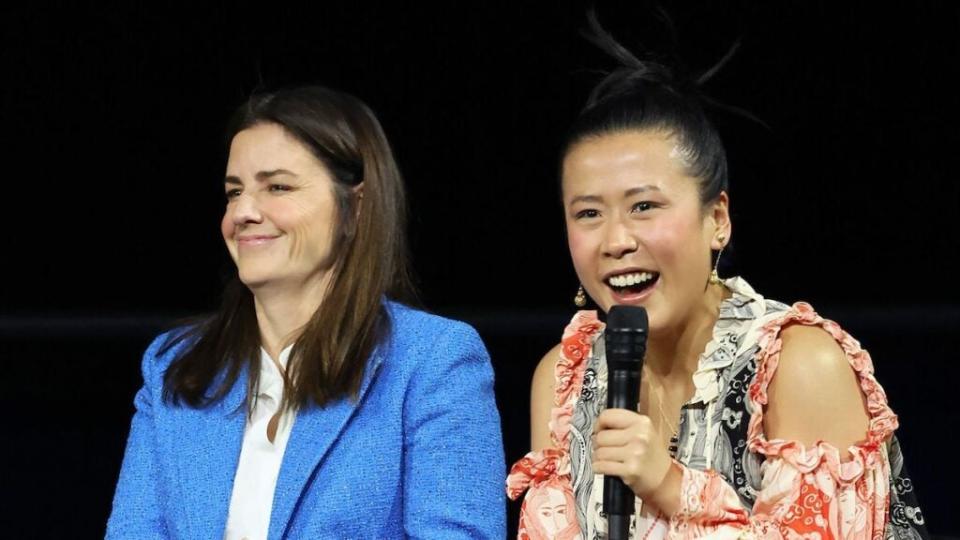 Nominees Lindsey Collins and Domee Shi speak onstage during an Oscar Week event in March. (Photo by Monica Schipper/Getty Images)