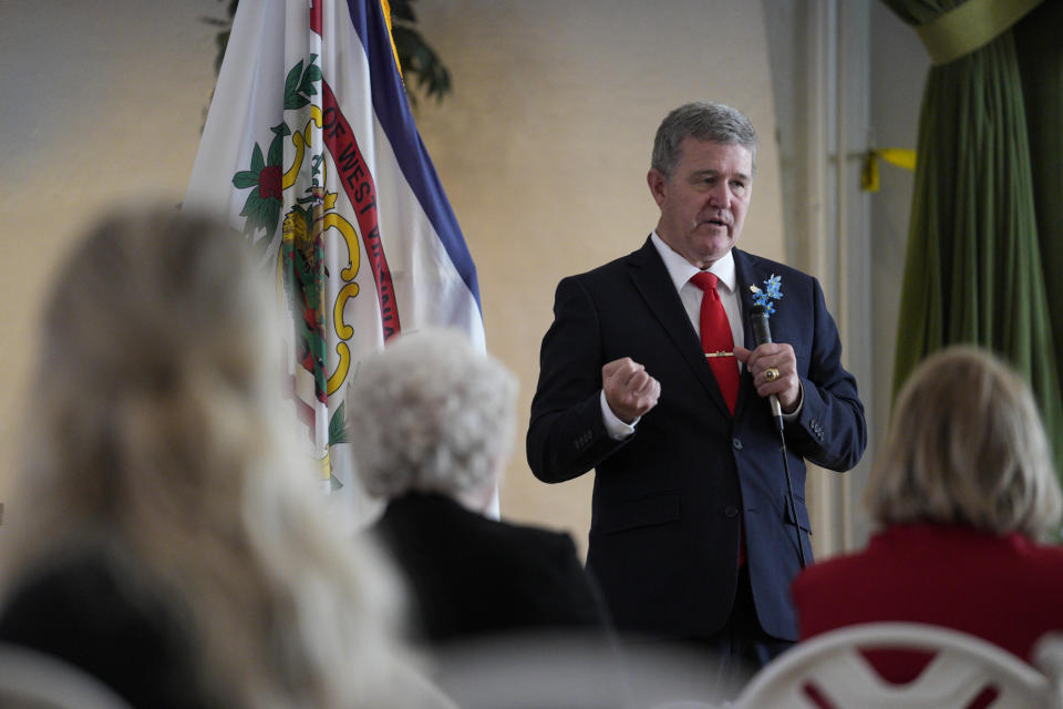 West Virginia gubernatorial candidate Mac Warner speaks to supporters at a campaign event at the Charleston Women's Club in Charleston, W.Va., Thursday, May 4, 2023. (AP Photo/Jeff Dean)