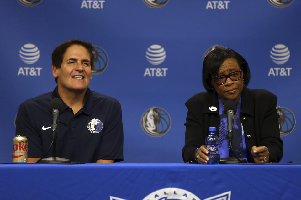 DALLAS, TEXAS - FEBRUARY 26: Mark Cuban and Cynthia Marshall look on during a press conference to introduce Cynthia Marshall as the new Dallas Mavericks Interim CEO at American Airlines Center on February 26, 2018 in Dallas, Texas. (Photo by Omar Vega/Getty Images)