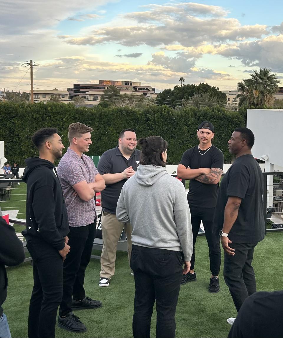 Jordan Lawler (far left), Kyle Harrison (second from left) and Jordan Beck (second from right) meet Ken Griffey Jr. (Photo: Jordan Shusterman/Yahoo Sports)