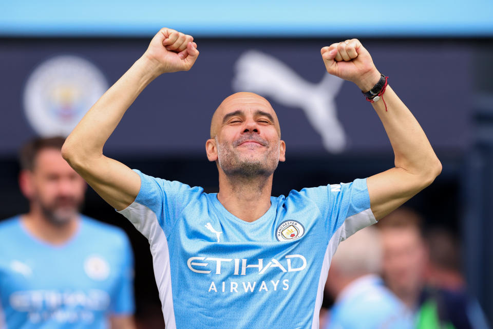 MANCHESTER, ENGLAND - MAY 22: Pep Guardiola the head coach / manager of Manchester City celebrates during the Premier League match between Manchester City and Aston Villa at Etihad Stadium on May 22, 2022 in Manchester, United Kingdom. (Photo by Robbie Jay Barratt - AMA/Getty Images)