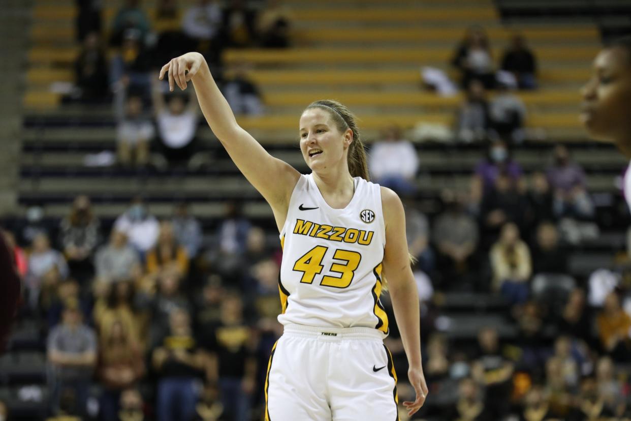 Missouri forward Hayley Frank follows through on one of her career-high seven 3-pointers against Texas A&M in a 78-69 win over the Aggies on Sunday at Mizzou Arena.