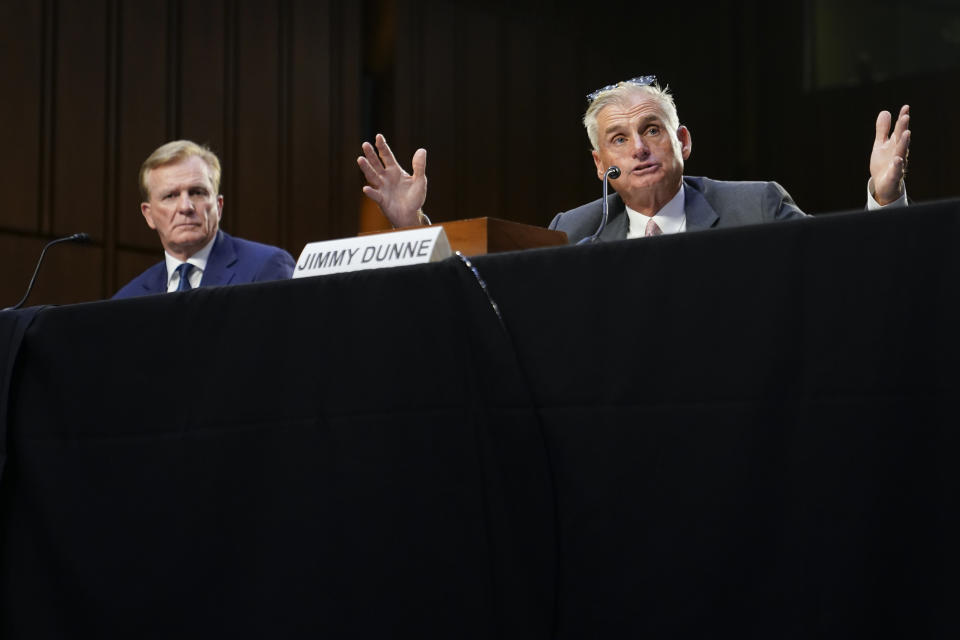 PGA Tour board member Jimmy Dunne, right, testifies alongside PGA Tour chief operating officer Ron Price during a Senate Subcommittee on Investigations hearing on the proposed PGA Tour-LIV Golf partnership, Tuesday, July 11, 2023, on Capitol Hill in Washington. (AP Photo/Patrick Semansky)