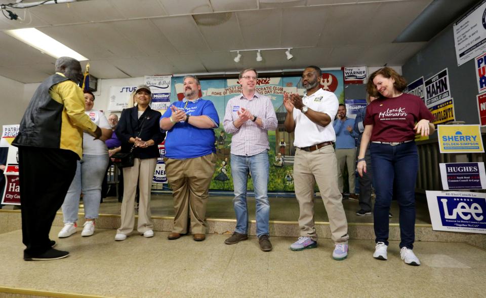 Oliver Davis, far left, candidate for the Democratic nomination for an at-large seat on the South Bend Common Council, joins other candidates on the stage Monday, April 10, 2023, at the Dyngus Day celebration at the West Side Democratic Club in South Bend.