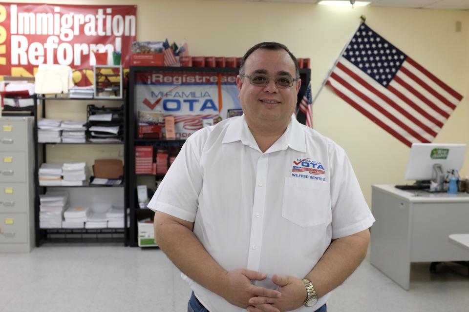 Wilfred Benitez stands at the Orlando offices of Mi Familia Vota on Feb. 27, 2020. Benitez is the Tampa Bay coordinator for Mi Familia Vota, a national civic engagement organization that has been focused on registering and mobilizing Latino voters ahead of the 2020 election. (Laura Ramirez/Yahoo News)