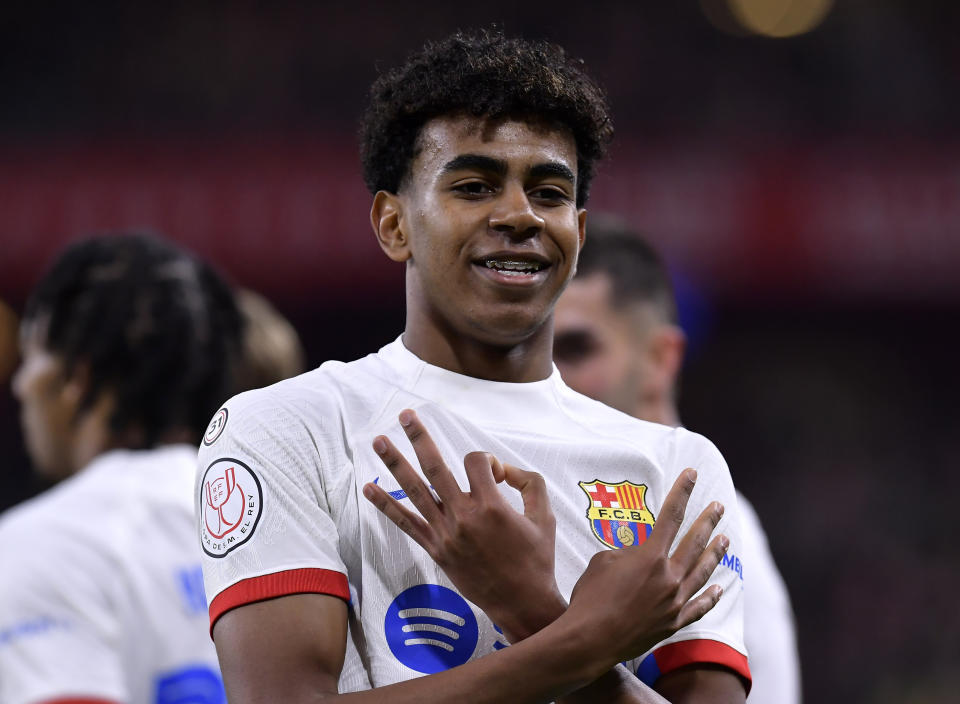 FILE - Barcelona's Lamine Yamal celebrates scoring his side's second goal, during the Copa del Rey quarterfinals soccer match between Athletic Bilbao and Barcelona at the San Mames stadium in Bilbao, Spain, on Wednesday, Jan. 24, 2024. The unpredictability of the European Championship, which kicks off in Munich on Friday, is what makes it such compelling viewing. Even in its expanded format of 24 teams, there is always the potential for a surprise.(AP Photo/Alvaro Barrientos, File)