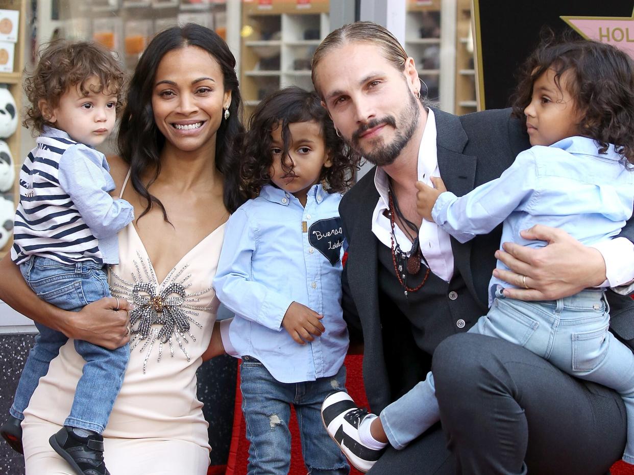 Zoe Saldana with her husband, Marco Perego and their children, Bowie Ezio Perego-Saldana, Cy Aridio Perego-Saldana and Ezio Perego attend the ceremony honoring Zoe Saldana with A Star on The Hollywood Walk of Fame held on May 3, 2018 in Hollywood, California