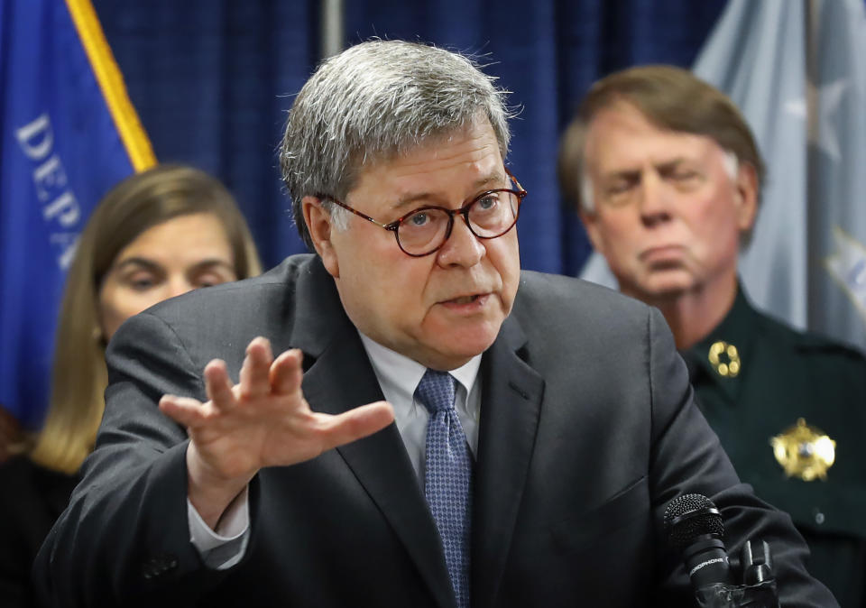 Attorney General William Barr, alongside officials from the Bureau of Alcohol, Tobacco, Firearms and Explosives, announces the launch of Project Guardian, an anti-gun violence initiative, during a news conference, Wednesday, Nov. 13, 2019, at the Davis-Horton Federal Building in Memphis Tenn. (Mark Weber/Daily Memphian via AP)