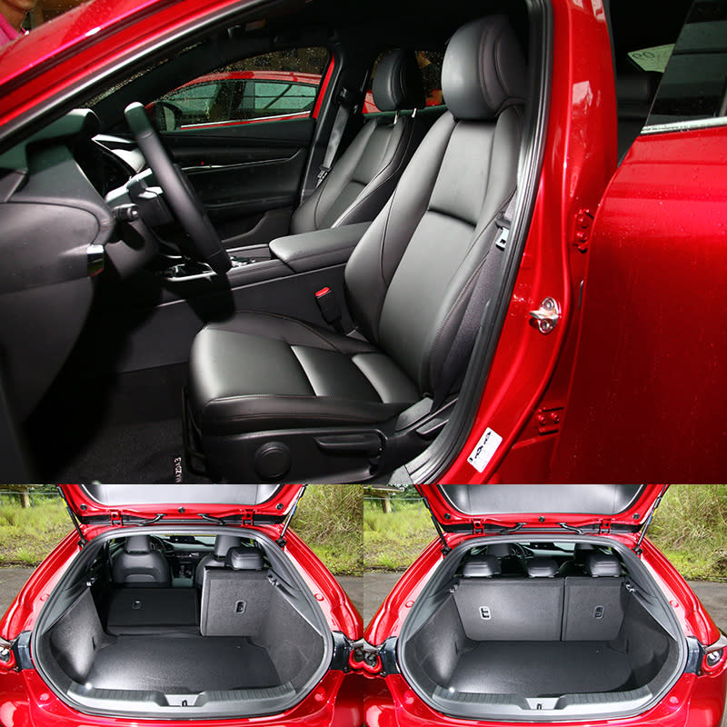 新Mazda3在縱向空間表現與327公升的行李廂之基本容積屬中規中矩，足敷使用，只是體積較大的後保桿，讓行李廂開口處下緣的離地高較高，影響了提放行李的便利性。而精心設計的前座座椅，可提供駕駛更好的平衡性與支撐性，更有助於操駕。