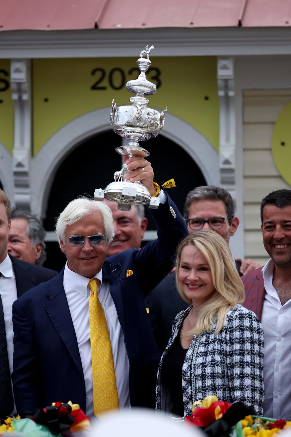 BALTIMORE, MARYLAND - MAY 20: Trainer Bob Baffert celebrates in the winners circle after his horse National Treasure won the 148th Running of the Preakness Stakes at Pimlico Race Course on May 20, 2023 in Baltimore, Maryland. (Photo by Rob Carr/Getty Images) ORG XMIT: 775929748 ORIG FILE ID: 1491818774