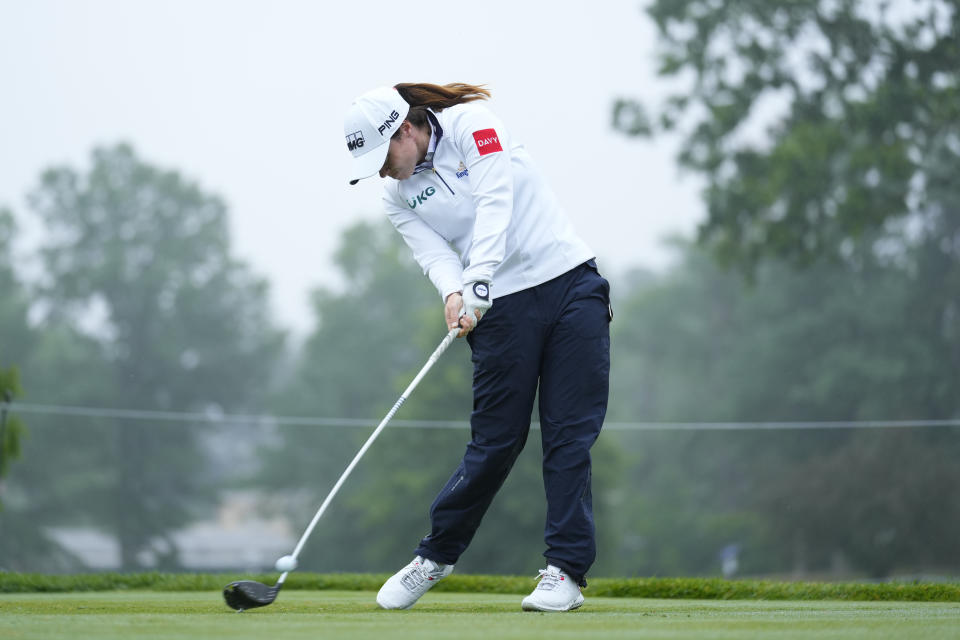 Leona Maguire, of Ireland, tees off on the 13th hole during the second round of the Women's PGA Championship golf tournament, Friday, June 23, 2023, in Springfield, N.J. (AP Photo/Matt Rourke)