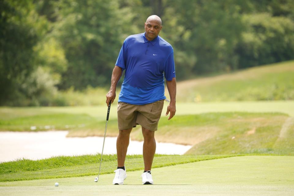 Charles Barkley lines up a putt on the second green during the pro-am prior to the LIV Golf Invitational on Thursday at Bedminster, N.J.