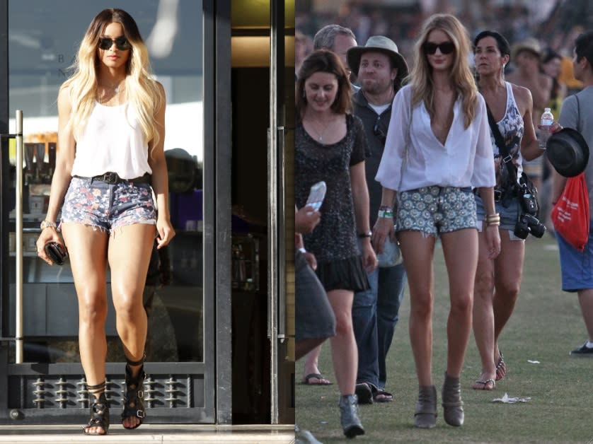 Printed cutoffs: This year’s take on Summer’s ubiquitous jean shorts is a bit more embellished and girly than in past seasons. Ciara’s floral printed version looks painted on and too short while Rosie Huntington-Whiteley’s fit her perfectly, and look so fresh combined with a loose white shirt and ankle boots.  (INFphoto.com & WENN.com)