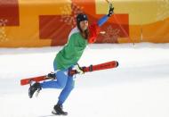 Alpine Skiing - Pyeongchang 2018 Winter Olympics - Women's Downhill - Jeongseon Alpine Centre - Pyeongchang, South Korea - February 21, 2018 - Gold medallist Sofia Goggia of Italy celebrates during the flower ceremony. REUTERS/Kai Pfaffenbach