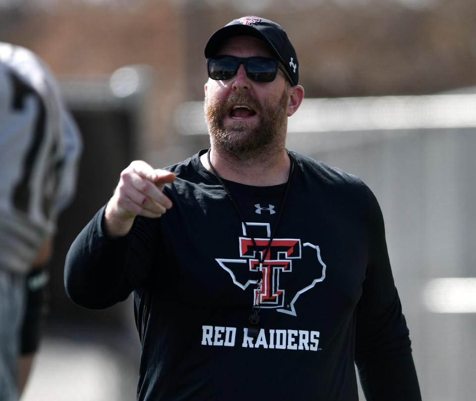 Texas Tech's offensive line coach Stephen Hamby attends practice, Thursday, March 31, 2022.