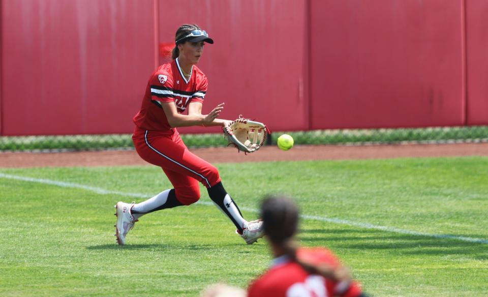 Utah’s Shelbi Ortiz, catches the ball off a bounce in the outfield as the University of Utah softball team plays Ole Miss in NCAA softball regional championship at Utah in Salt Lake City on Sunday, May 21, 2023. Utah won 4-1. | Scott G Winterton, Deseret News