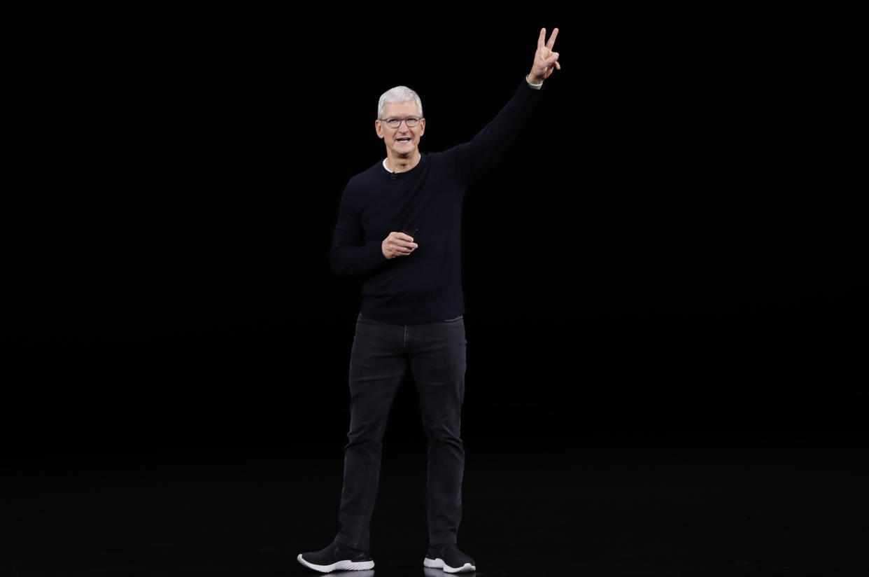 CEO Tim Cook speaks at an Apple event at their headquarters in Cupertino, California, U.S. September 10, 2019. REUTERS/Stephen Lam