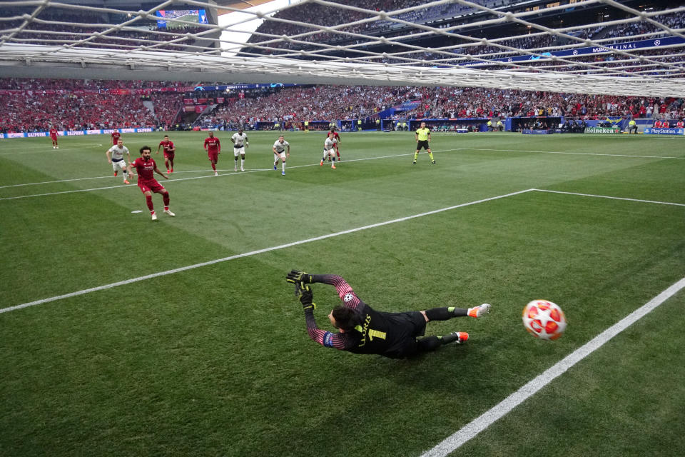 Mohamed Salah's penalty gives Liverpool the lead in Madrid (Photo by Richard Heathcote/Getty Images)
