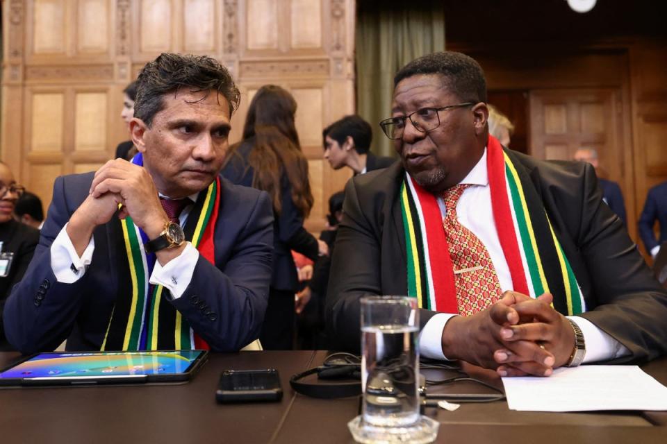 Director-General of the Department of International Relations and Cooperation of the Republic of South Africa Zane Dangor and South African Ambassador to the Netherlands Vusimuzi Madonsela look on at the International Court of Justice (ICJ) (REUTERS)
