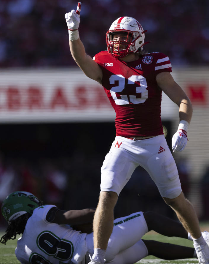 Nebraska's Isaac Gifford (23) celebrates after tackling North Dakota's Isaiah Smith (29) during the second half of an NCAA college football game Saturday, Sept. 3, 2022, in Lincoln, Neb. (AP Photo/Rebecca S. Gratz)