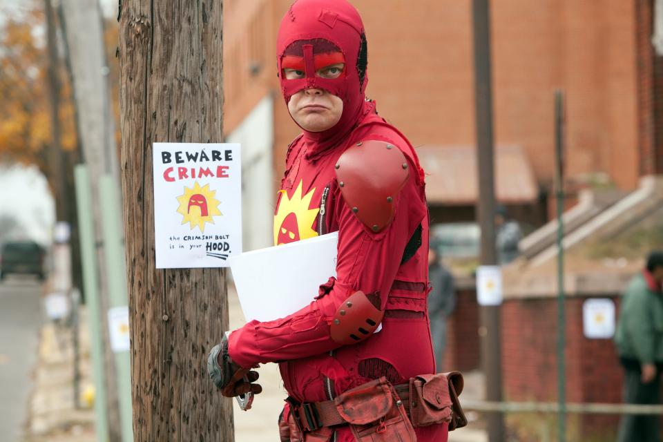 The Crimson Bolt (Rainn Wilson) fights crime after his wife leaves him in "Super."