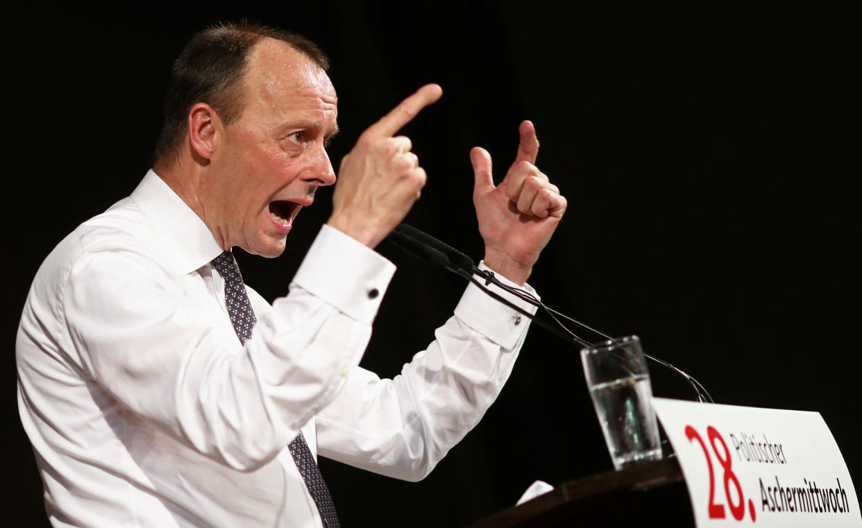 Friedrich Merz of Germany's Christian Democratic Union (CDU) speaks during the traditional Ash Wednesday party meeting in the Thuringian city of Apolda, Germany, February 26, 2020. REUTERS/Christian Mang