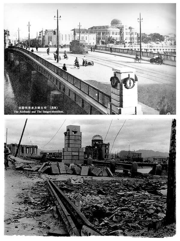 Combination photo shows the Hiroshima Prefectural Industrial Promotion Hall, currently called the Atomic Bomb Dome or A-Bomb Dome, as seen from Aioi Bridge, in Hiroshima before and after the atomic bombing