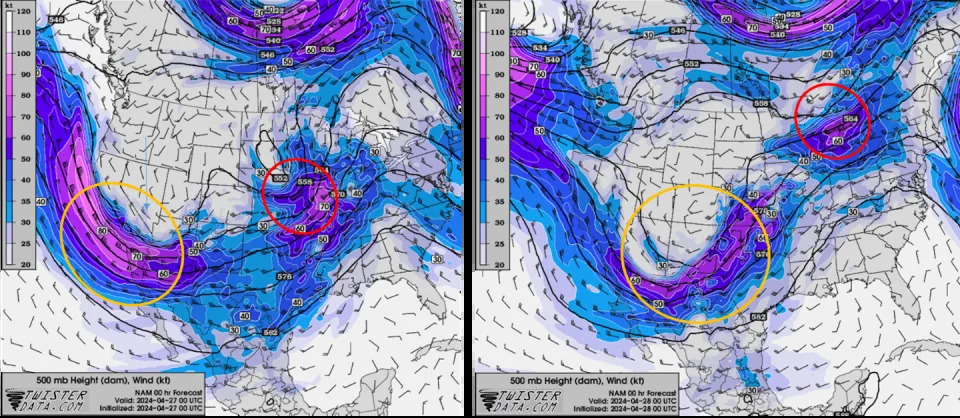 The two images show the short-wave trough, circled in red, and the longer wave, circled in orange, traveling behind it. On the left is April 26, with the short-wave trough moving through Nebraska. On the right, the longer wave is affecting Oklahoma and Kansas on April 27. <a href=