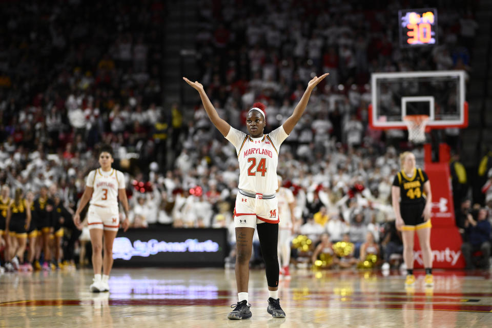 Maryland guard Bri McDaniel (24) gestures during the second half of an NCAA college basketball game against Iowa, Saturday, Feb. 3, 2024, in College Park, Md. (AP Photo/Nick Wass)