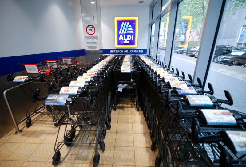 FILE PHOTO: Shopping carts stand at the food discounter ALDI