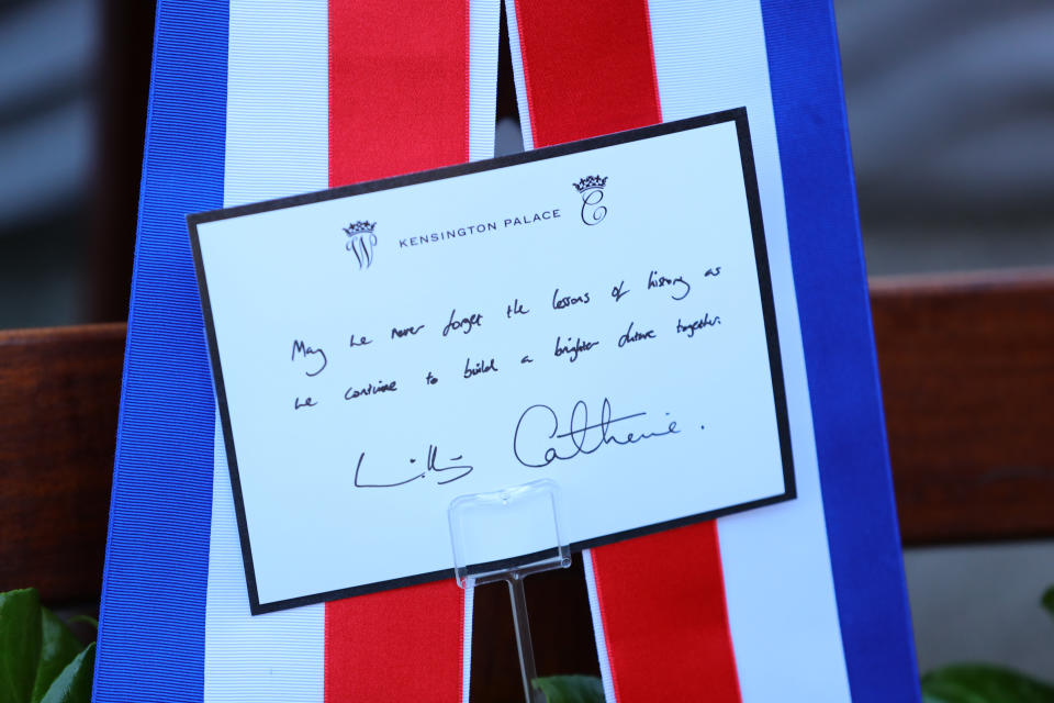 The message on the wreath laid by Duke and Duchess of Cambridge during a visit to the Garden of Remembrance, Uachtarain, Dublin, as part of their three day visit to the Republic of Ireland.